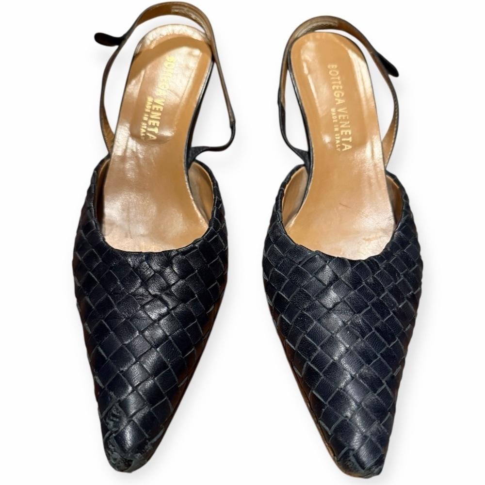 Bottega Veneta Navy Woven Leather Slingback Heels - 39 EU/ Size 8.5